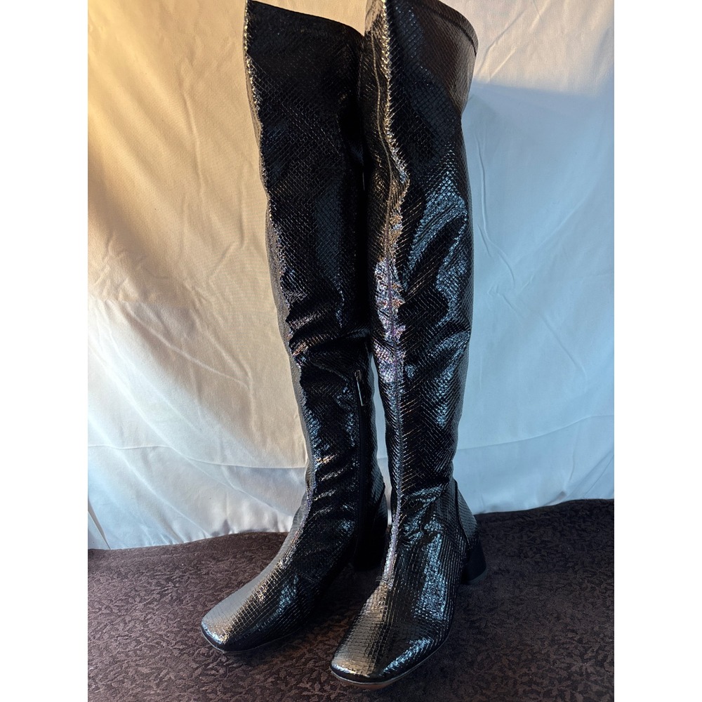 Franco Sarto Womens Black Snake Over The Knee Boots Square Toe Block Heel 5